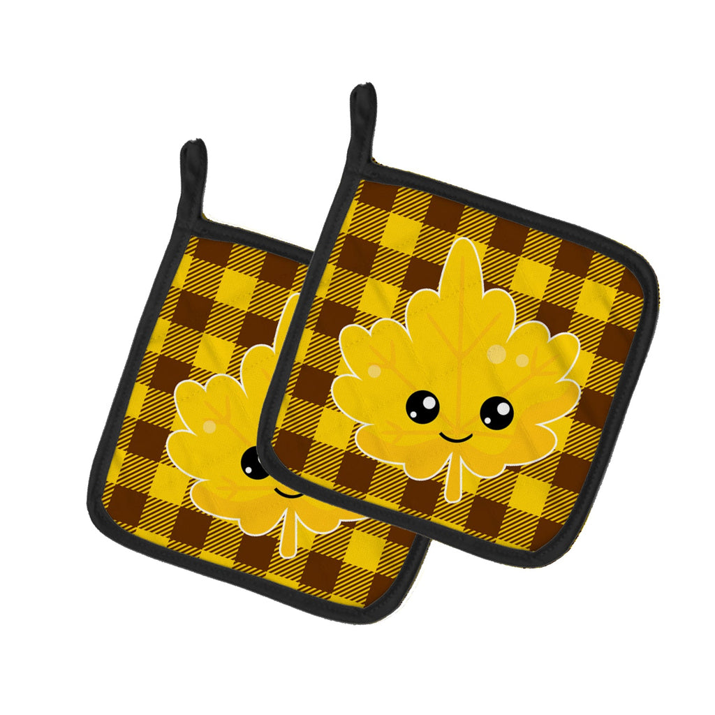 Fall Leaf on Gingham Pot Holder Set of 2 Heat Resistant Quilted Hot Pads 7.5 x 7.5 Inch, Insulated Kitchen Trivets for Cooking & Baking