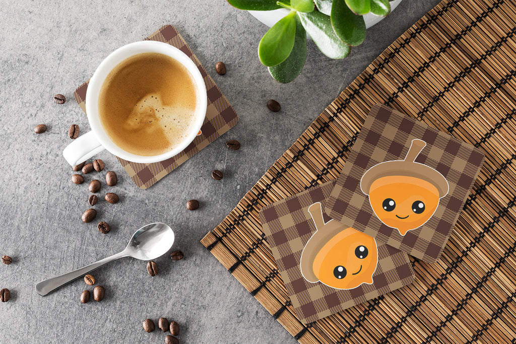 Fall Acorn on Gingham Foam Coasters Set of 4 Cup Coasters for Indoor Outdoor, Tabletop Protection, Anti Slip, Mouse pad Material