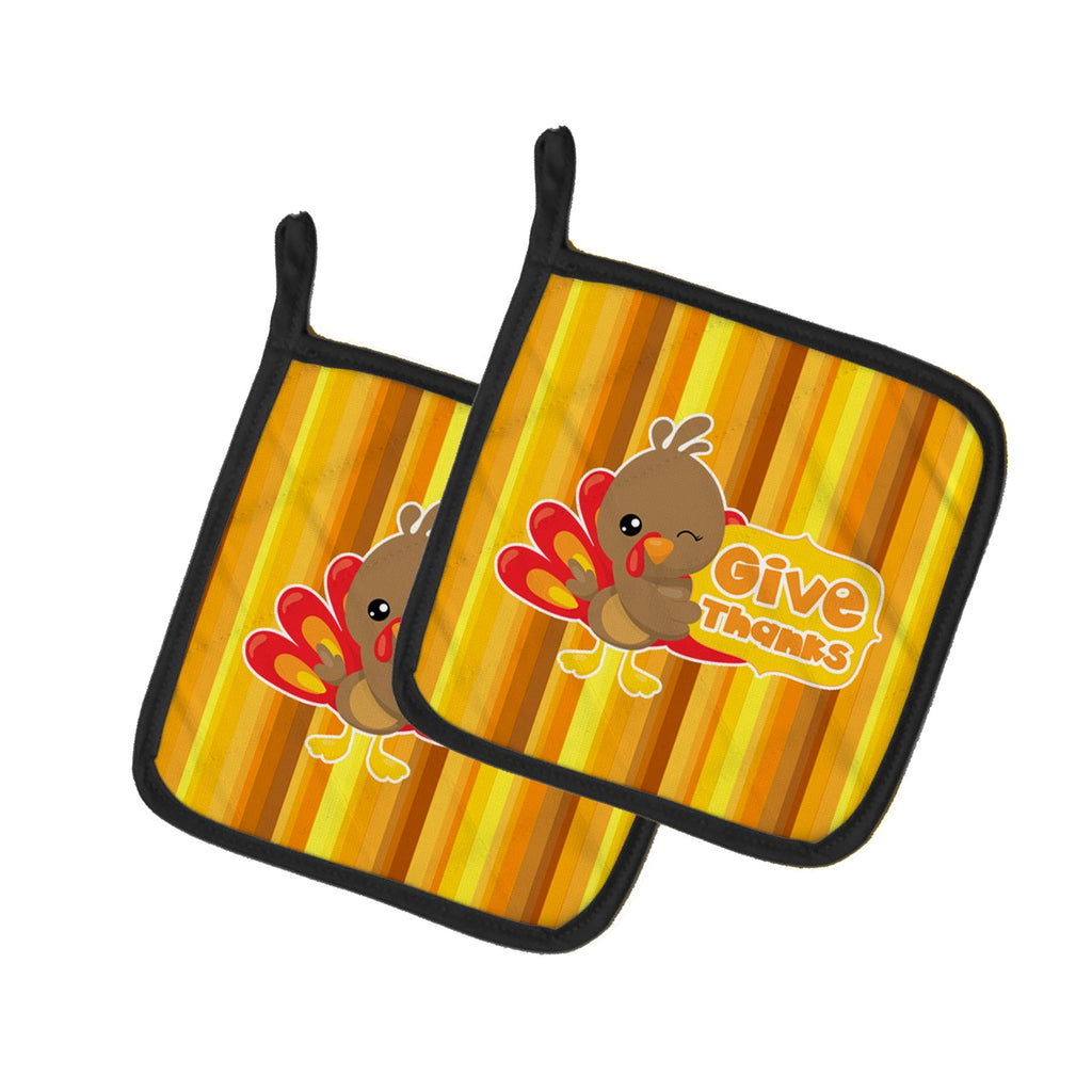 Thanksgiving Turkey Give Thanks Pot Holder Set of 2 Heat Resistant Quilted Hot Pads 7.5 x 7.5 Inch, Insulated Kitchen Trivets for Cooking & Baking