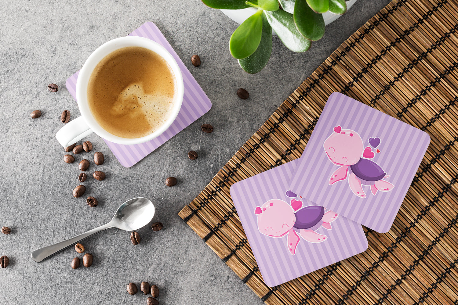 Pink and Purple Turtle Foam Coasters Set of 4 Cup Coasters for Indoor Outdoor, Tabletop Protection, Anti Slip, Mouse pad Material