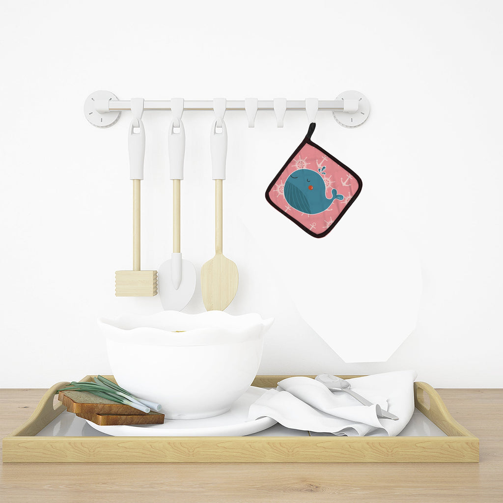 Whale on Pink Nautical Pot Holder Set of 2 Heat Resistant Quilted Hot Pads 7.5 x 7.5 Inch, Insulated Kitchen Trivets for Cooking & Baking