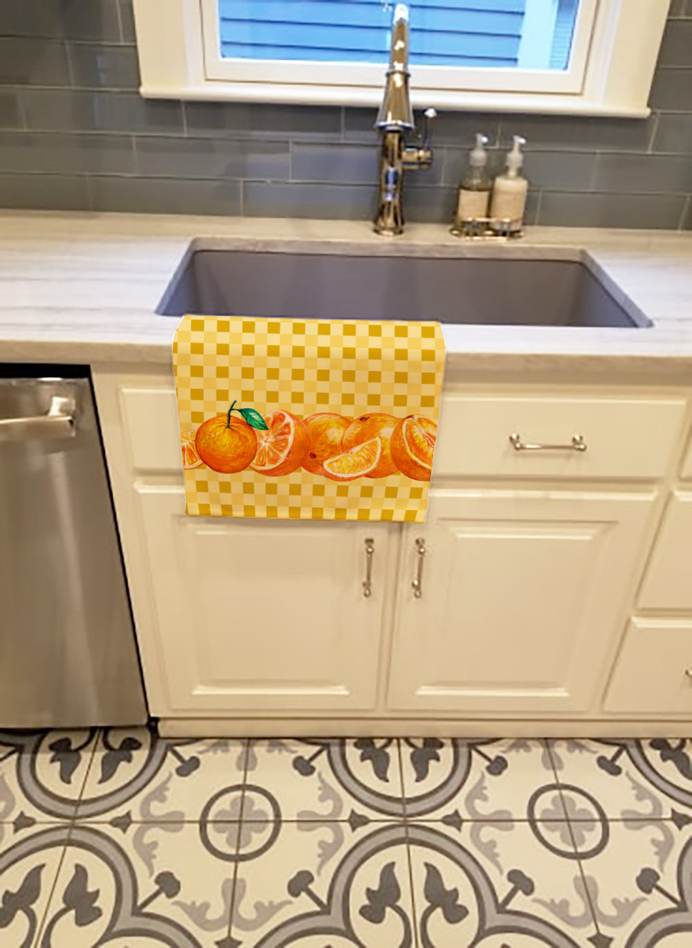 Oranges on Basketweave Kitchen Towel Velour Plush Front and Cotton Loop Back Machine Washable