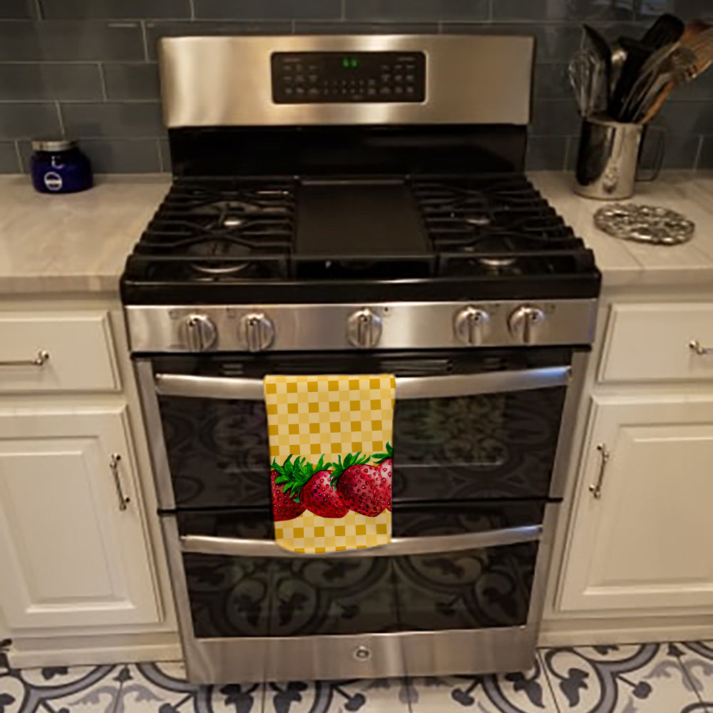 Strawberries on Basketweave Kitchen Towel Velour Plush Front and Cotton Loop Back Machine Washable