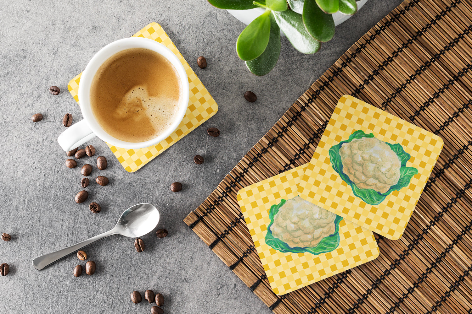 Cauliflower on Basketweave Foam Coasters Set of 4 Cup Coasters for Indoor Outdoor, Tabletop Protection, Anti Slip, Mouse pad Material
