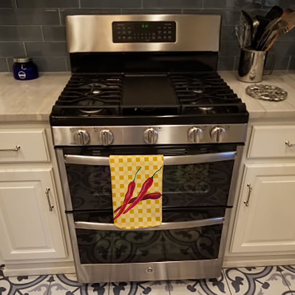 Chili Peppers on Basketweave Kitchen Towel Velour Plush Front and Cotton Loop Back Machine Washable