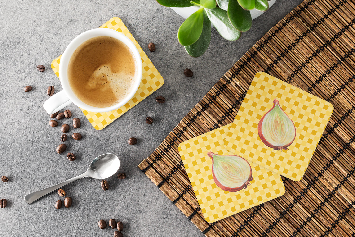 Onion on Basketweave Foam Coasters Set of 4 Cup Coasters for Indoor Outdoor, Tabletop Protection, Anti Slip, Mouse pad Material