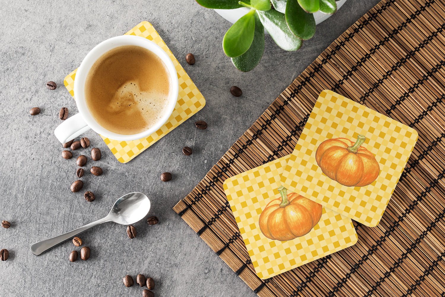 Pumpkin on Basketweave Foam Coasters Set of 4 Cup Coasters for Indoor Outdoor, Tabletop Protection, Anti Slip, Mouse pad Material