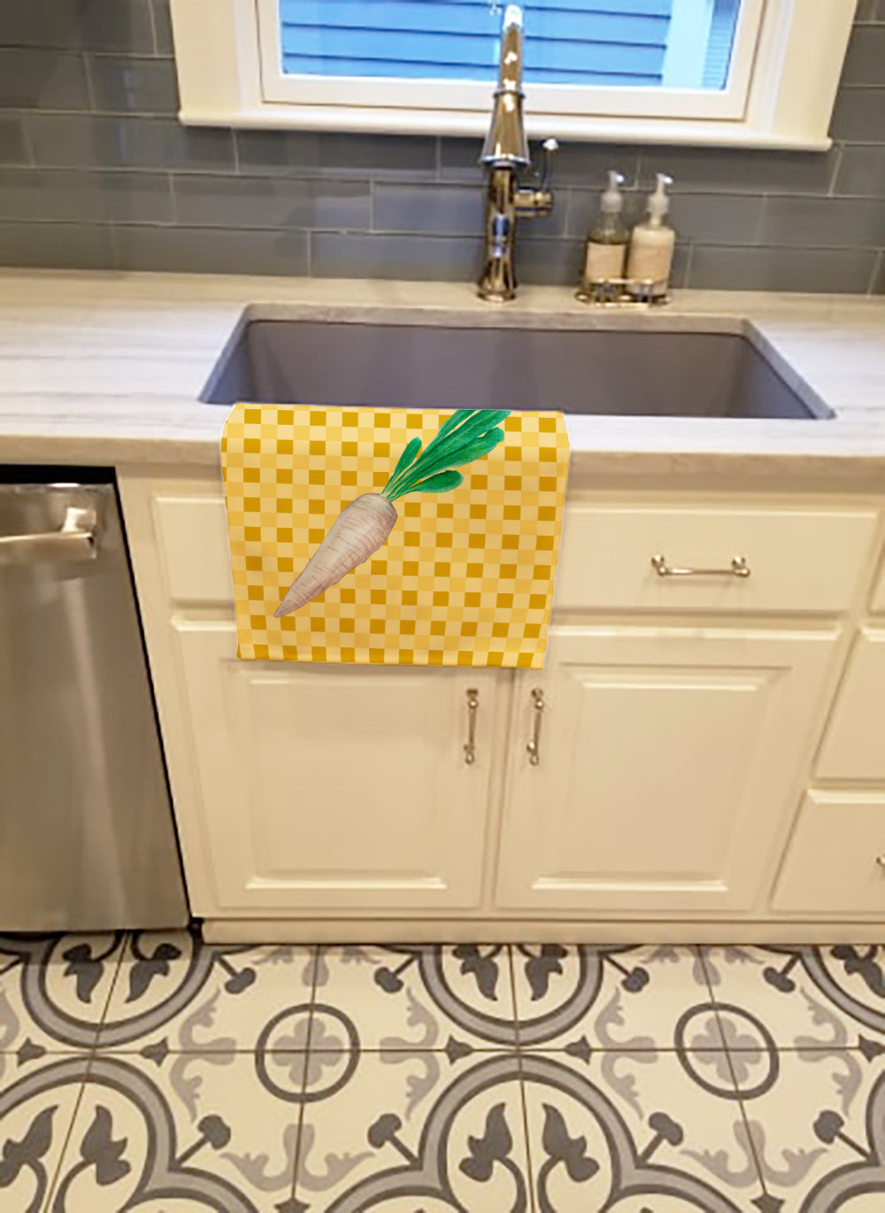 White Radish on Basketweave Kitchen Towel Velour Plush Front and Cotton Loop Back Machine Washable