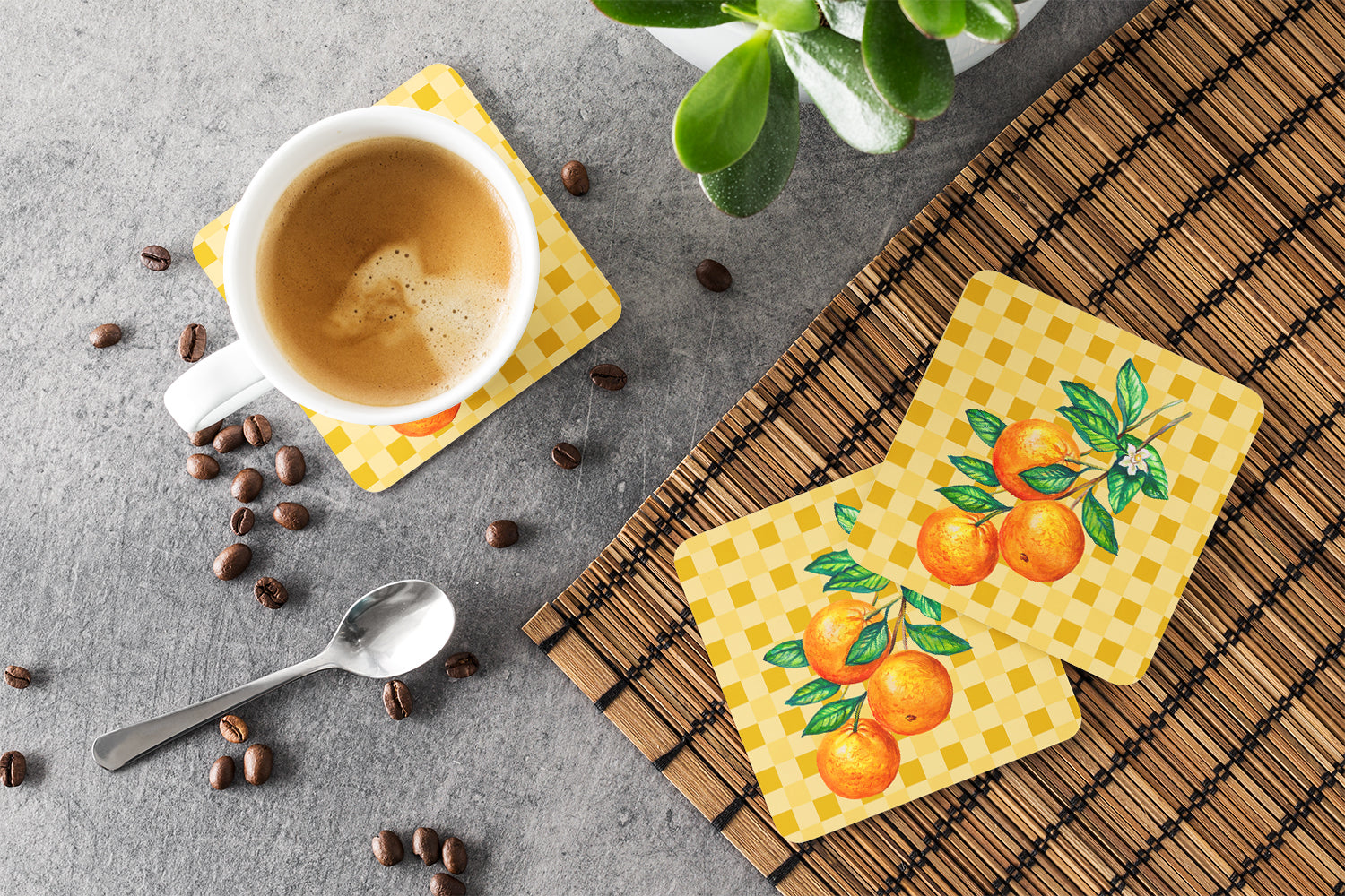 Oranges on Branch on Basketweave Foam Coasters Set of 4 Cup Coasters for Indoor Outdoor, Tabletop Protection, Anti Slip, Mouse pad Material
