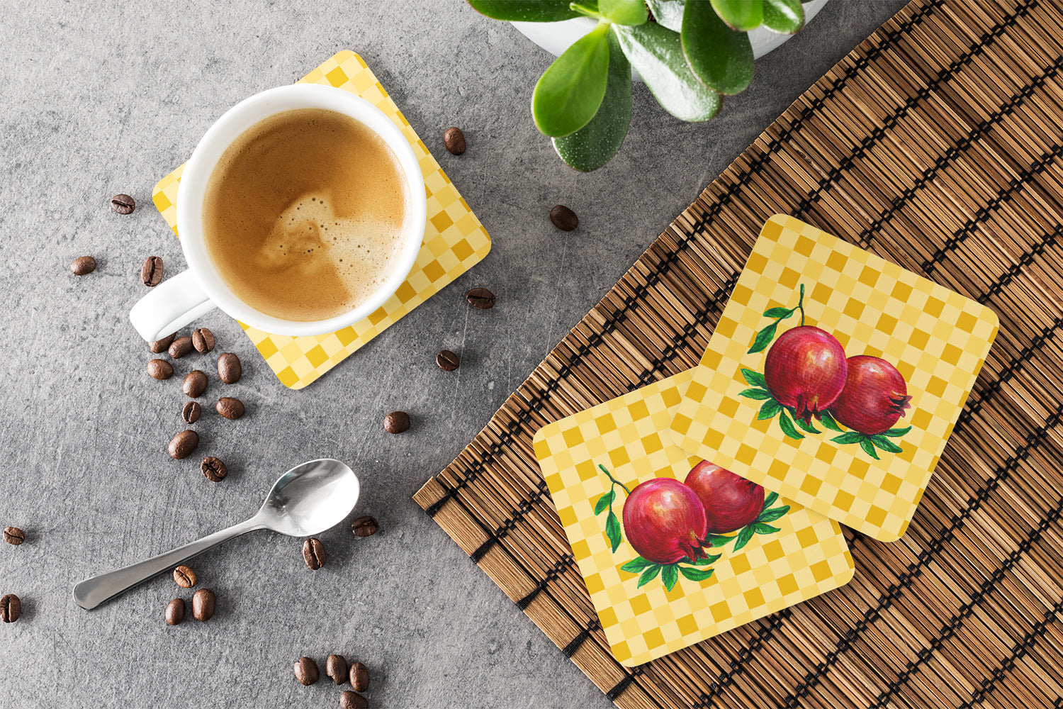 Whole Pomegranates on Basketweave Foam Coasters Set of 4 Cup Coasters for Indoor Outdoor, Tabletop Protection, Anti Slip, Mouse pad Material
