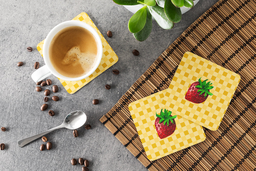 Strawberry on Basketweave Foam Coasters Set of 4 Cup Coasters for Indoor Outdoor, Tabletop Protection, Anti Slip, Mouse pad Material