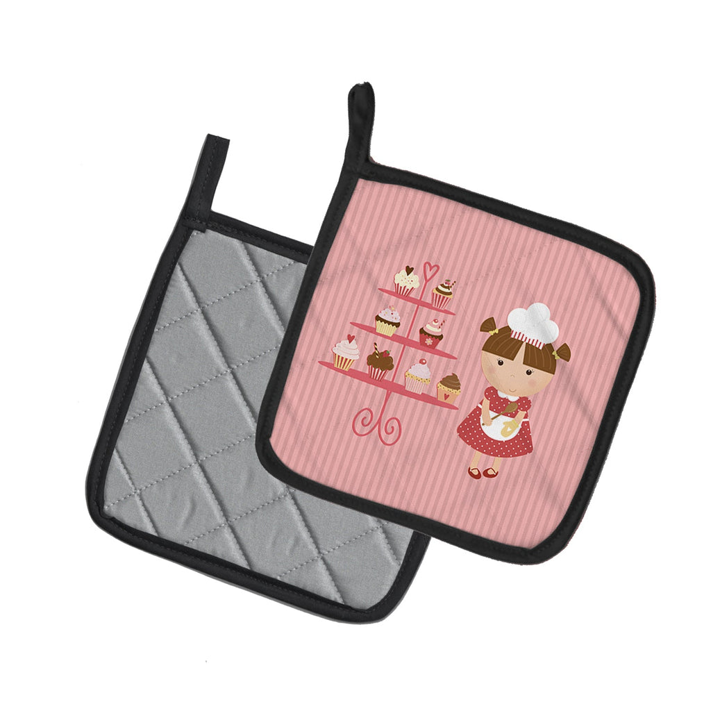Cupcake Baker Brunette Pink Pot Holder Set of 2 Heat Resistant Quilted Hot Pads 7.5 x 7.5 Inch, Insulated Kitchen Trivets for Cooking & Baking