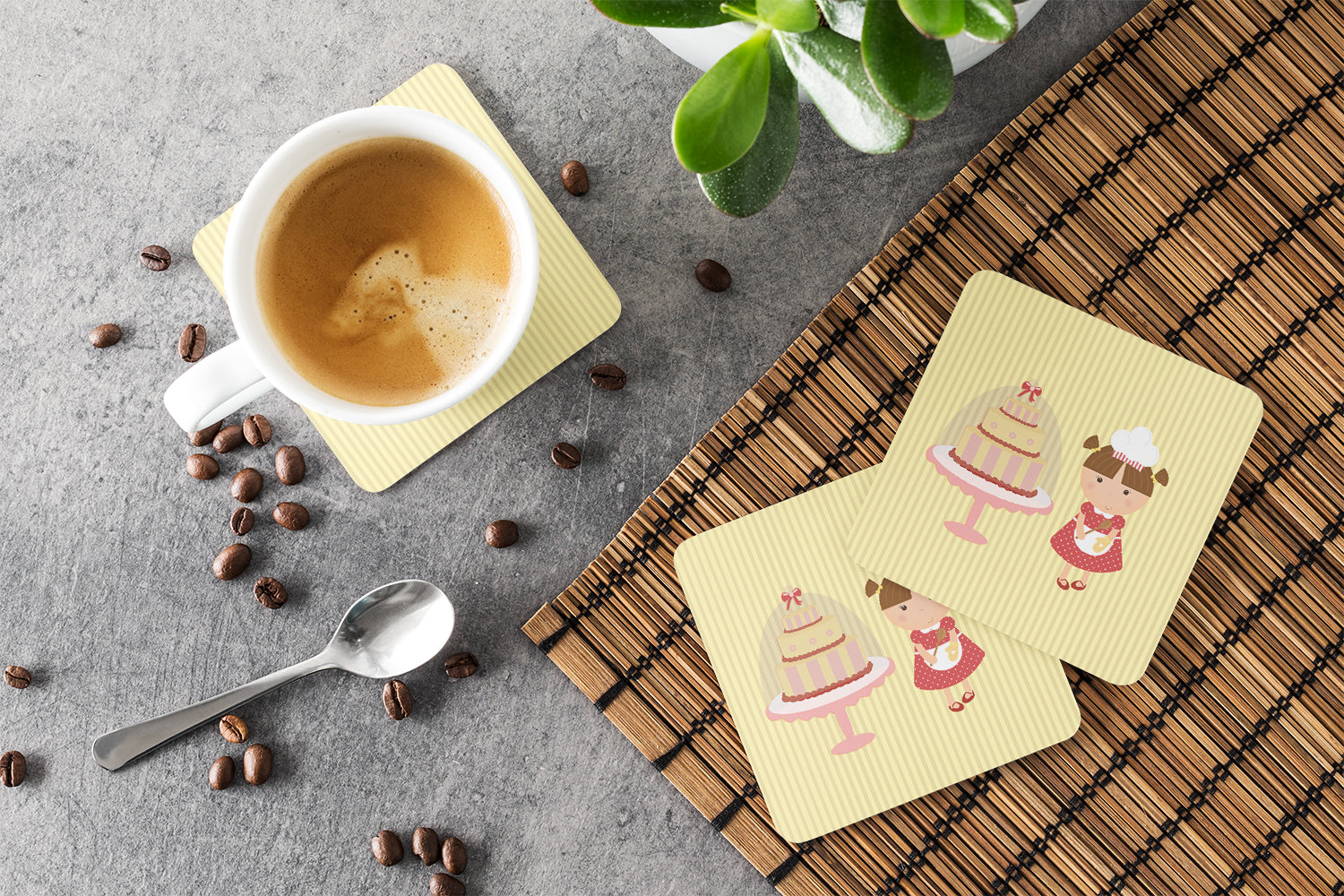 Cake Baker Brunette Yellow Foam Coasters Set of 4 Cup Coasters for Indoor Outdoor, Tabletop Protection, Anti Slip, Mouse pad Material