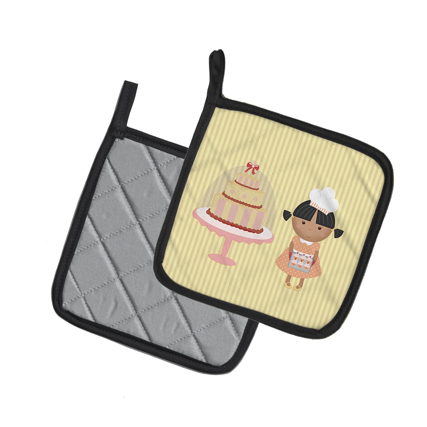 Cake Baker African American Yellow Pot Holder Set of 2 Heat Resistant Quilted Hot Pads 7.5 x 7.5 Inch, Insulated Kitchen Trivets for Cooking & Baking