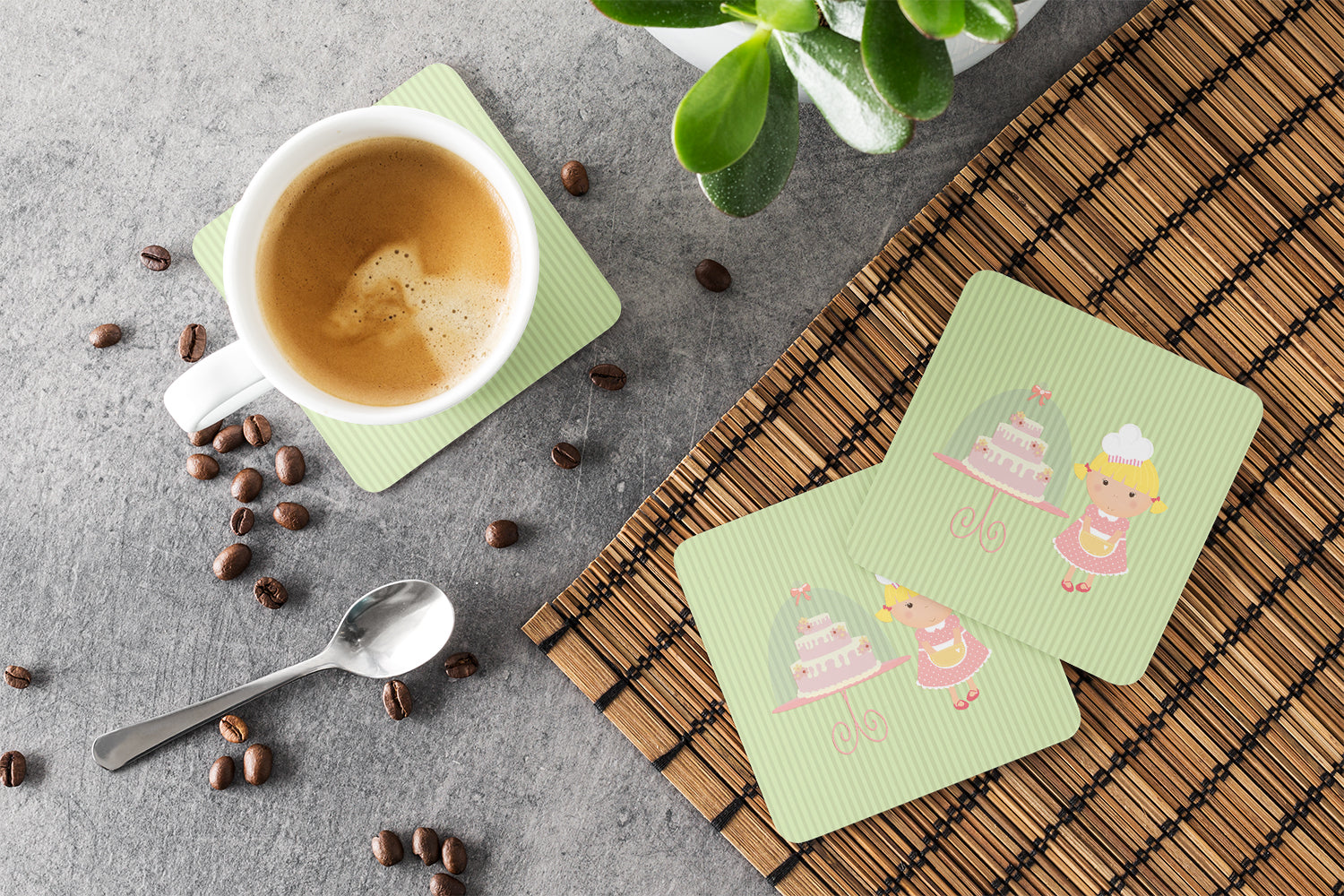 Cake Baker Blonde Green Foam Coasters Set of 4 Cup Coasters for Indoor Outdoor, Tabletop Protection, Anti Slip, Mouse pad Material