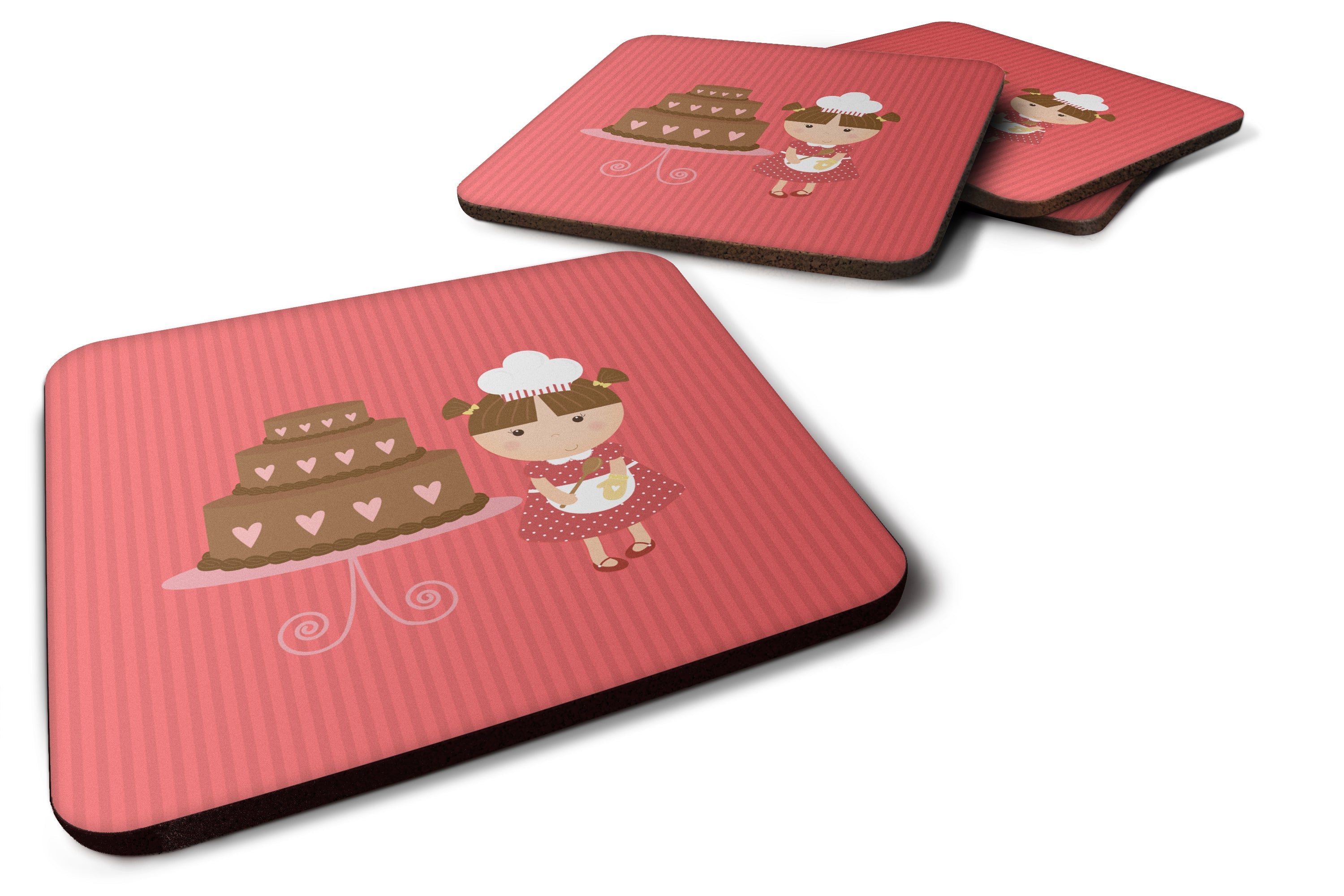 Valentine's Cake Baker Brunette Foam Coasters Set of 4 Cup Coasters for Indoor Outdoor, Tabletop Protection, Anti Slip, Mouse pad Material