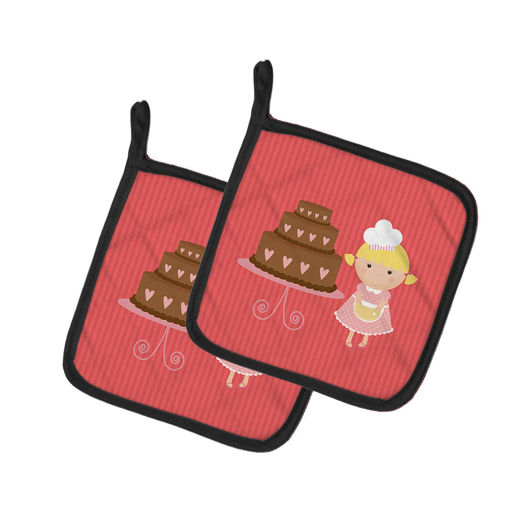 Valentine's Cake Baker Blonde Pot Holder Set of 2 Heat Resistant Quilted Hot Pads 7.5 x 7.5 Inch, Insulated Kitchen Trivets for Cooking & Baking