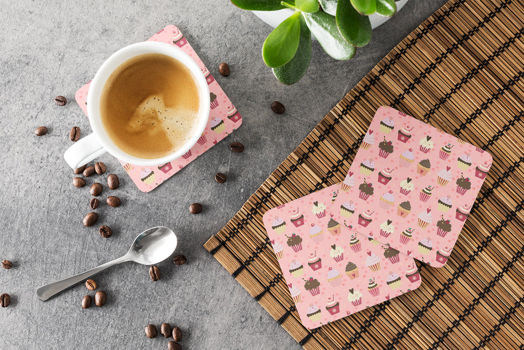 Cupcakes on Pink Foam Coasters Set of 4 Cup Coasters for Indoor Outdoor, Tabletop Protection, Anti Slip, Mouse pad Material