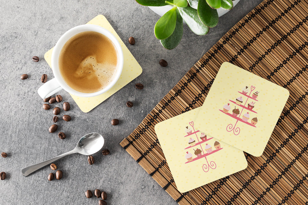 3 Tier Cupcakes on Yellow Foam Coasters Set of 4 Cup Coasters for Indoor Outdoor, Tabletop Protection, Anti Slip, Mouse pad Material