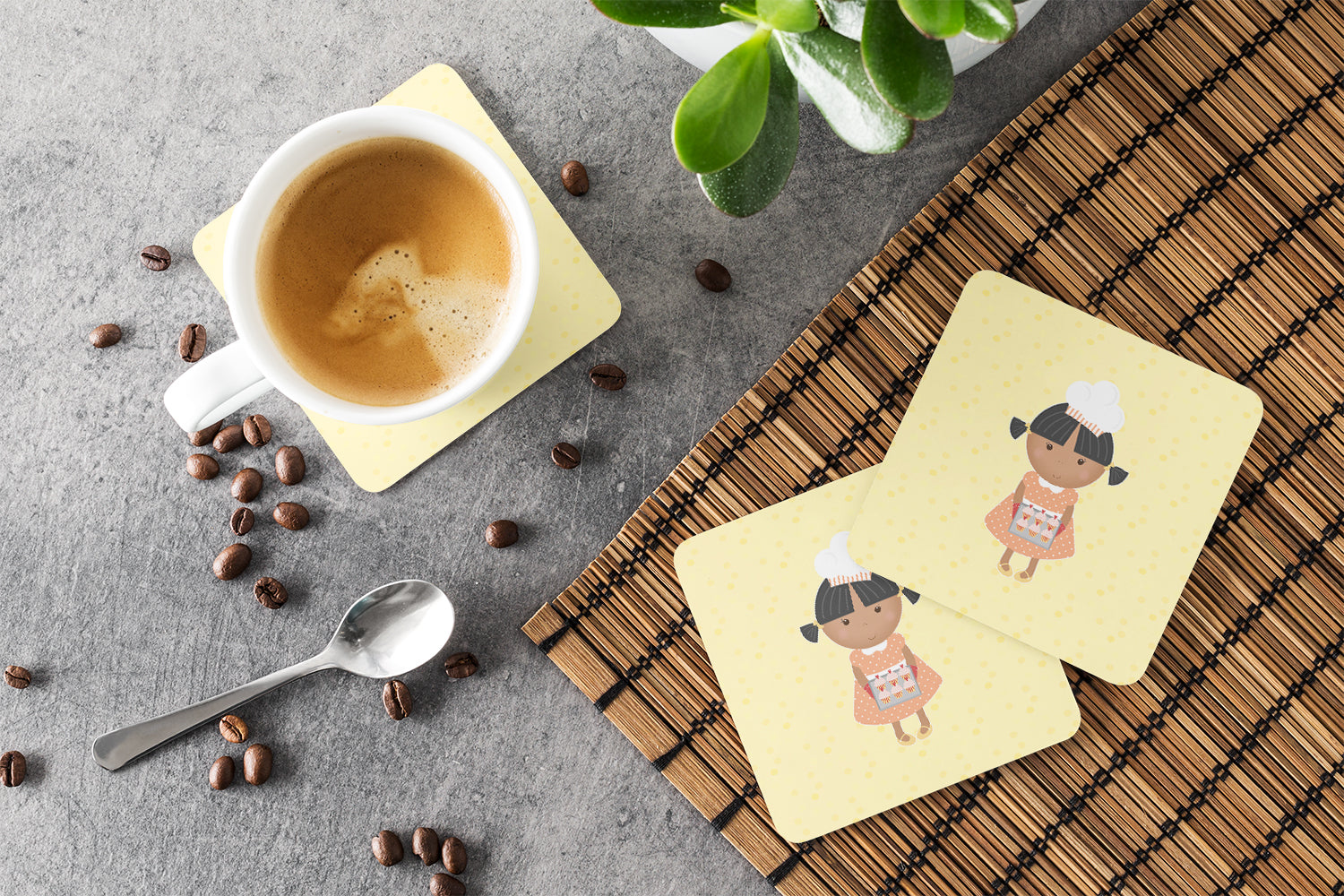 African American Baker on Yellow Foam Coasters Set of 4 Cup Coasters for Indoor Outdoor, Tabletop Protection, Anti Slip, Mouse pad Material