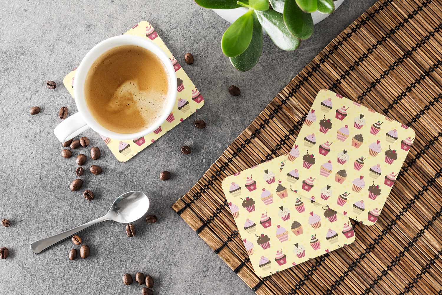 Cupcakes on Yellow Foam Coasters Set of 4 Cup Coasters for Indoor Outdoor, Tabletop Protection, Anti Slip, Mouse pad Material