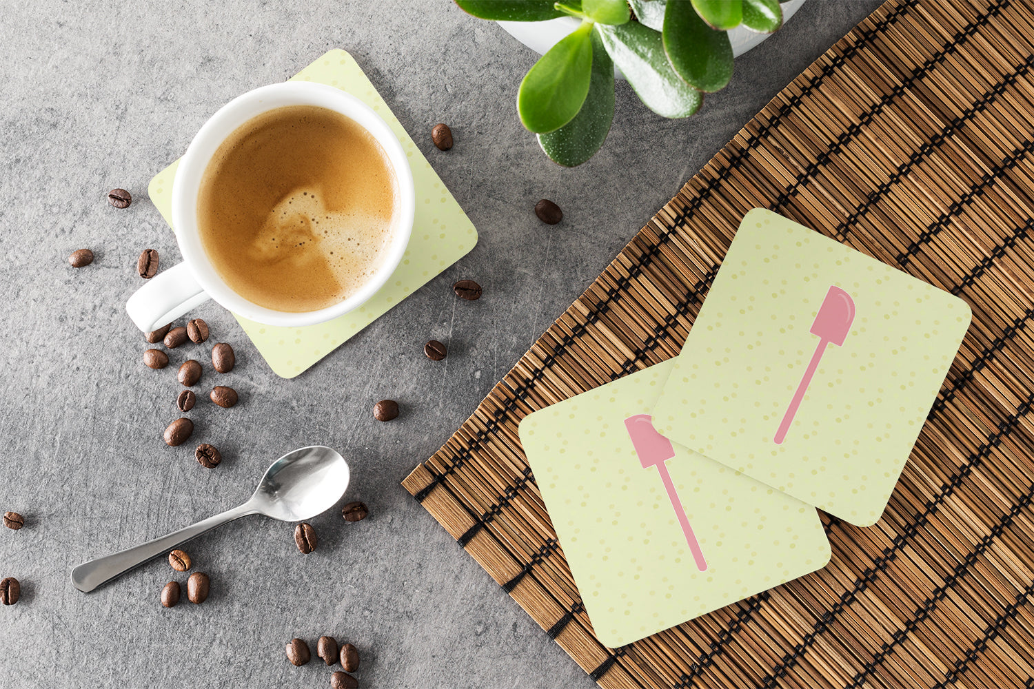 Spatula on Green Foam Coasters Set of 4 Cup Coasters for Indoor Outdoor, Tabletop Protection, Anti Slip, Mouse pad Material