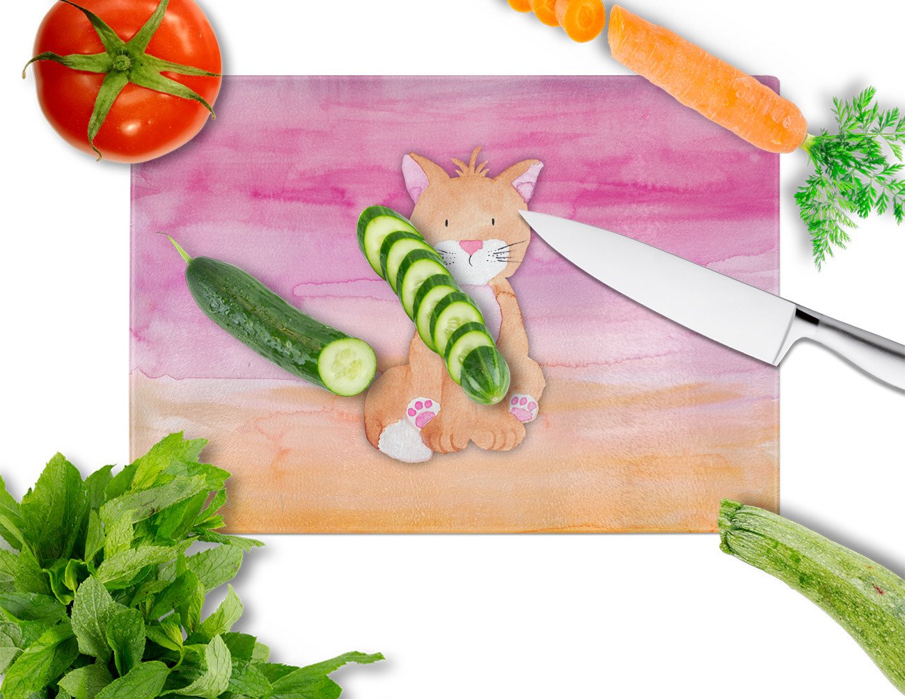 Orange Cat Watercolor Cutting Board Tempered Glass Kitchen Cutting Surface, Heat Resistant Chopping, Non-Slip Feet, Food Prep & Serving
