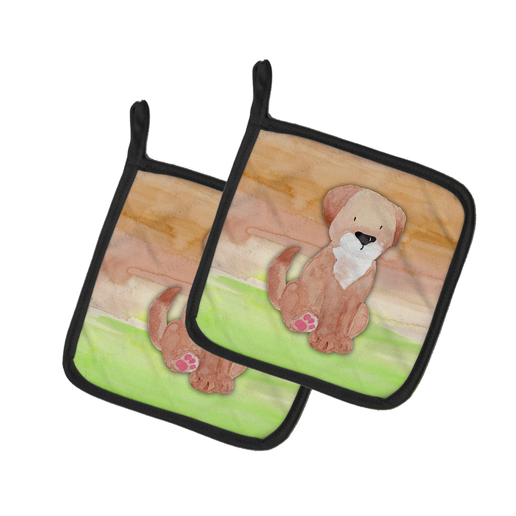 Dog Green and Brown Watercolor Pot Holder Set of 2 Heat Resistant Quilted Hot Pads 7.5 x 7.5 Inch, Insulated Kitchen Trivets for Cooking & Baking