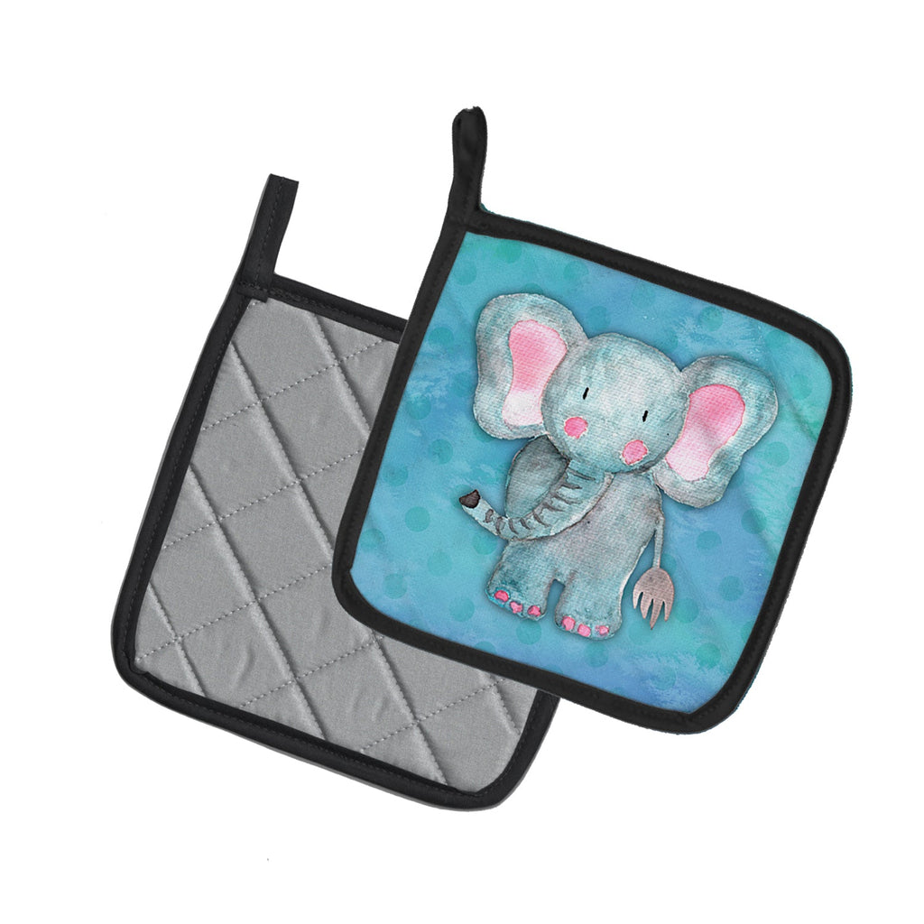 Blue Elepant Watercolor Pot Holder Set of 2 Heat Resistant Quilted Hot Pads 7.5 x 7.5 Inch, Insulated Kitchen Trivets for Cooking & Baking