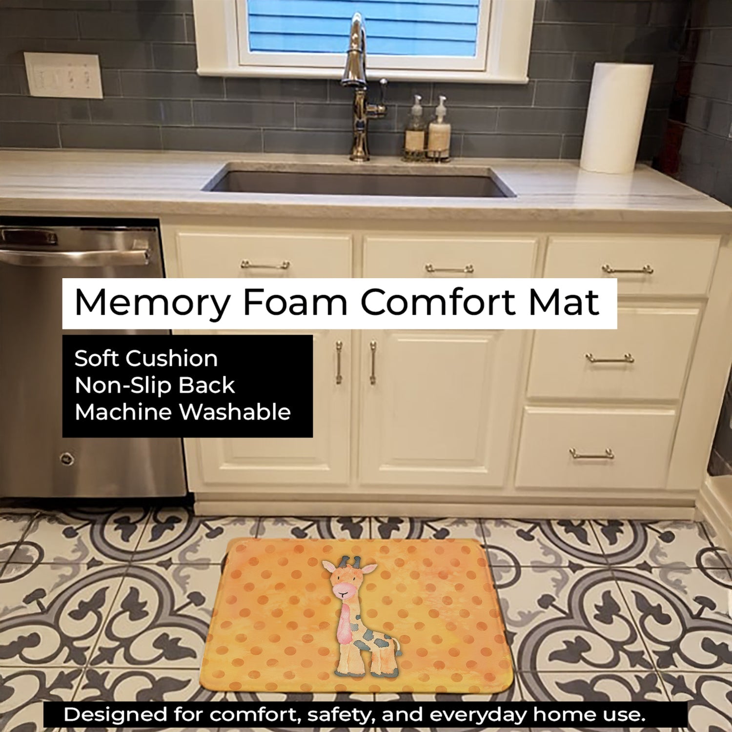 Polkadot Griaffe Watercolor Memory Foam Kitchen Mat Machine Washable Anti-Fatigue Cushion Comfort Bath or Kitchen Rug