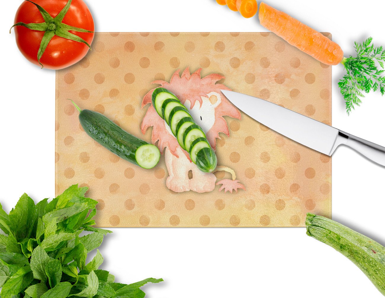 Polkadot Lion Watercolor Cutting Board Tempered Glass Kitchen Cutting Surface, Heat Resistant Chopping, Non-Slip Feet, Food Prep & Serving