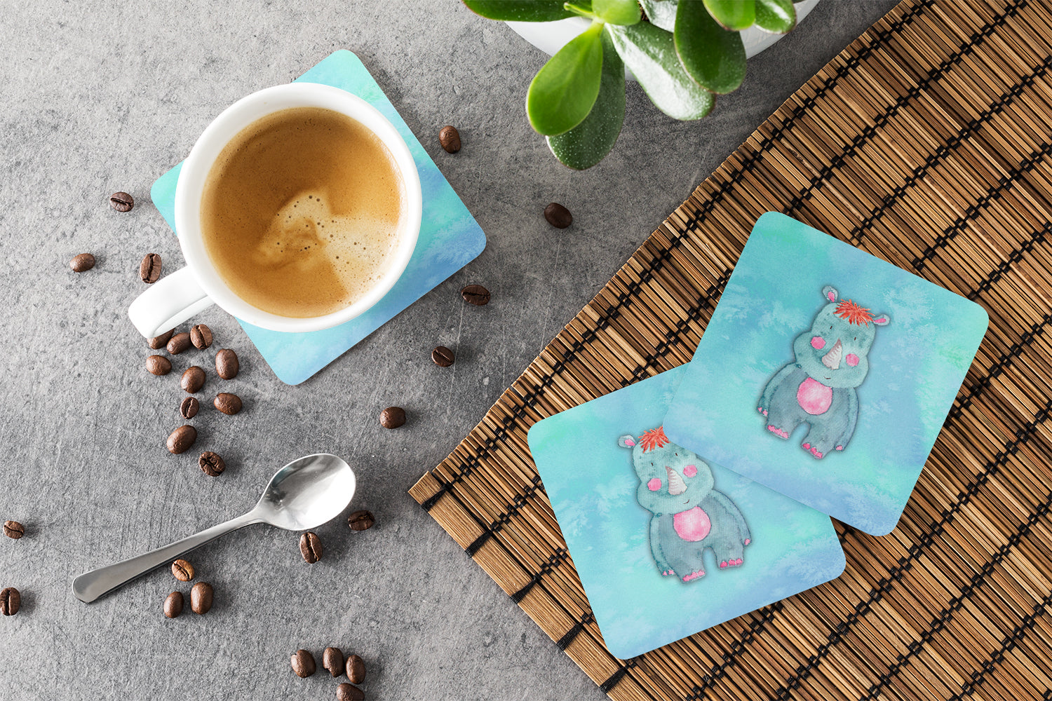 Rhinoceros Watercolor Foam Coasters Set of 4 Cup Coasters for Indoor Outdoor, Tabletop Protection, Anti Slip, Mouse pad Material