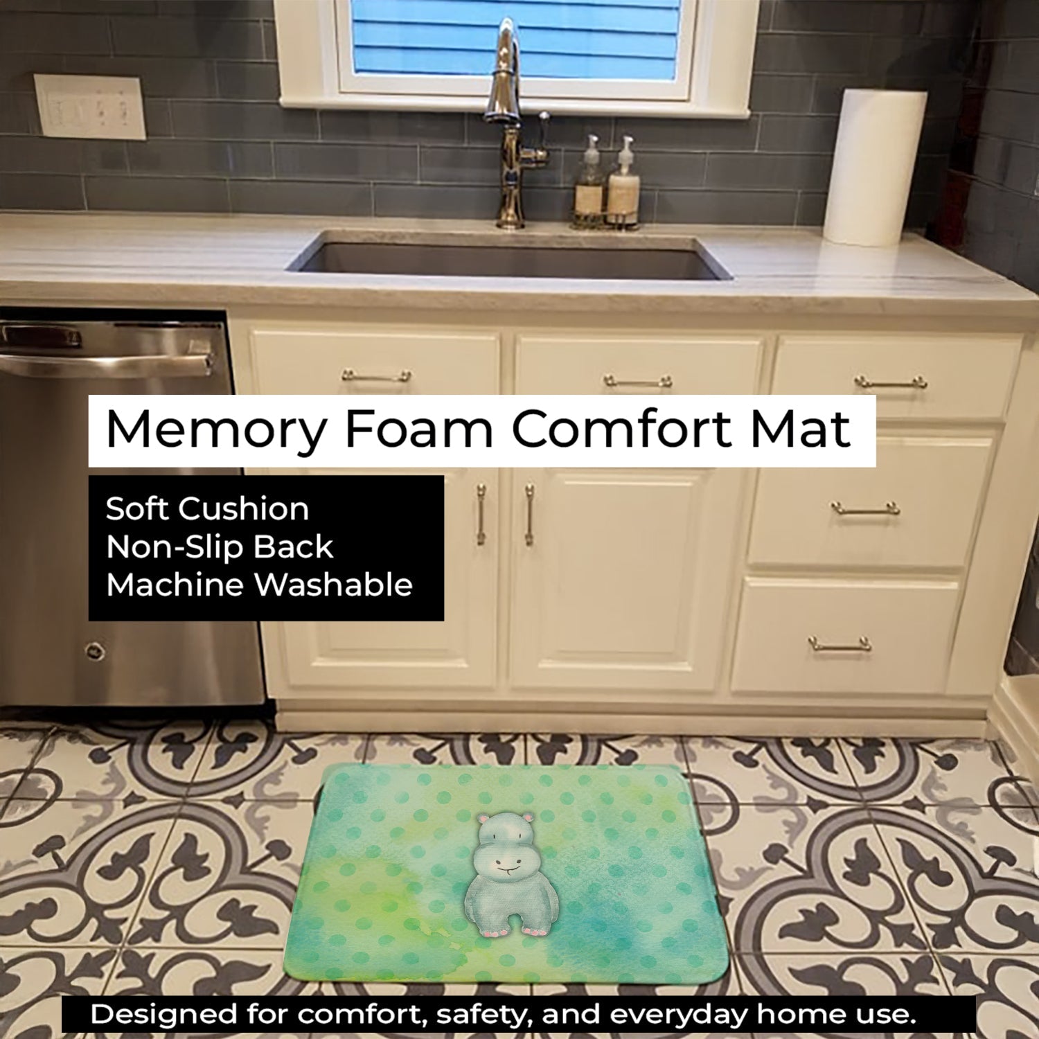 Polkadot Hippopotamus Watercolor Memory Foam Kitchen Mat Machine Washable Anti-Fatigue Cushion Comfort Bath or Kitchen Rug