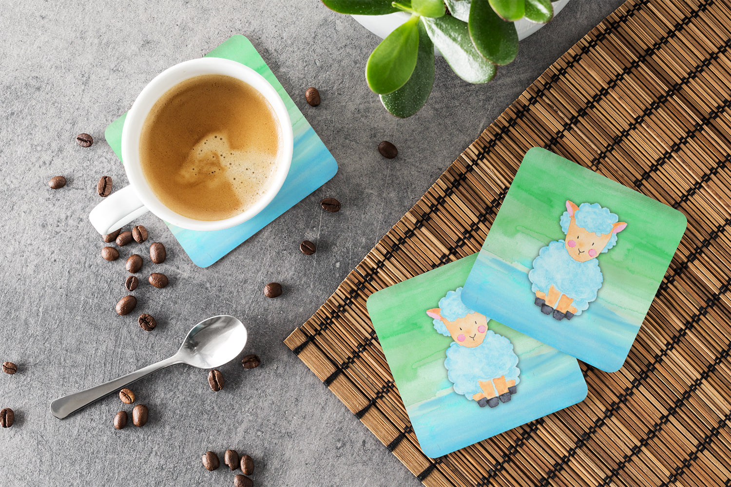 Sheep Lamb Watercolor Foam Coasters Set of 4 Cup Coasters for Indoor Outdoor, Tabletop Protection, Anti Slip, Mouse pad Material