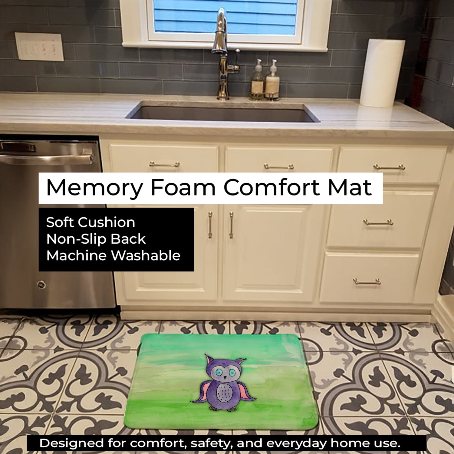 Purple Owl Watercolor Memory Foam Kitchen Mat Machine Washable Anti-Fatigue Cushion Comfort Bath or Kitchen Rug