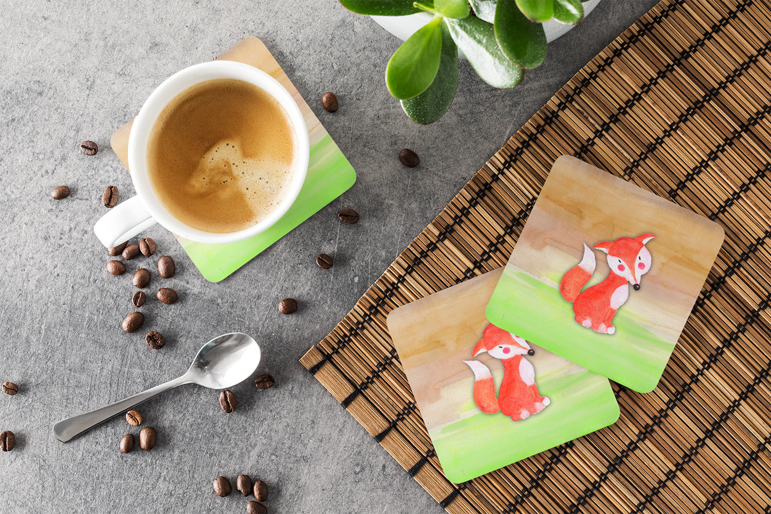 Fox Watercolor Foam Coasters Set of 4 Cup Coasters for Indoor Outdoor, Tabletop Protection, Anti Slip, Mouse pad Material