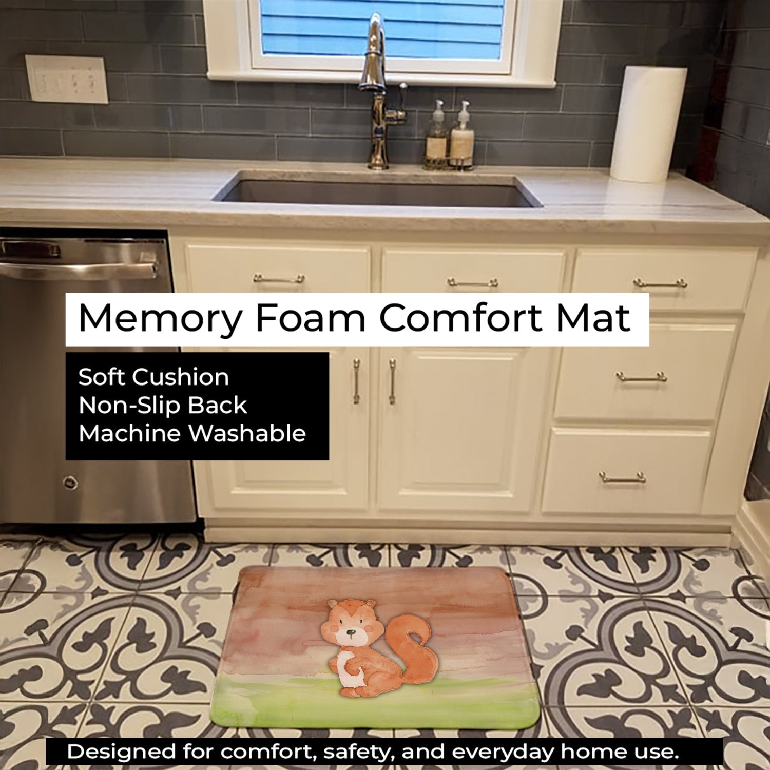 Squirrel Watercolor Memory Foam Kitchen Mat Machine Washable Anti-Fatigue Cushion Comfort Bath or Kitchen Rug