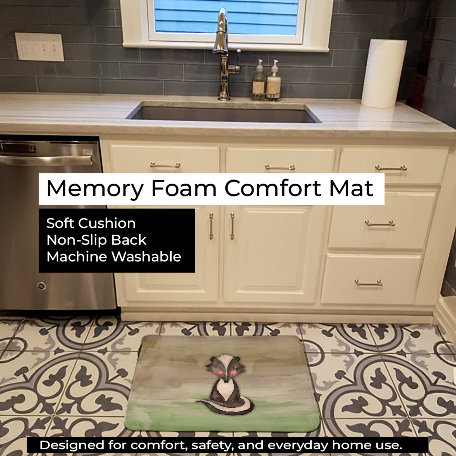Badger Watercolor Memory Foam Kitchen Mat Machine Washable Anti-Fatigue Cushion Comfort Bath or Kitchen Rug