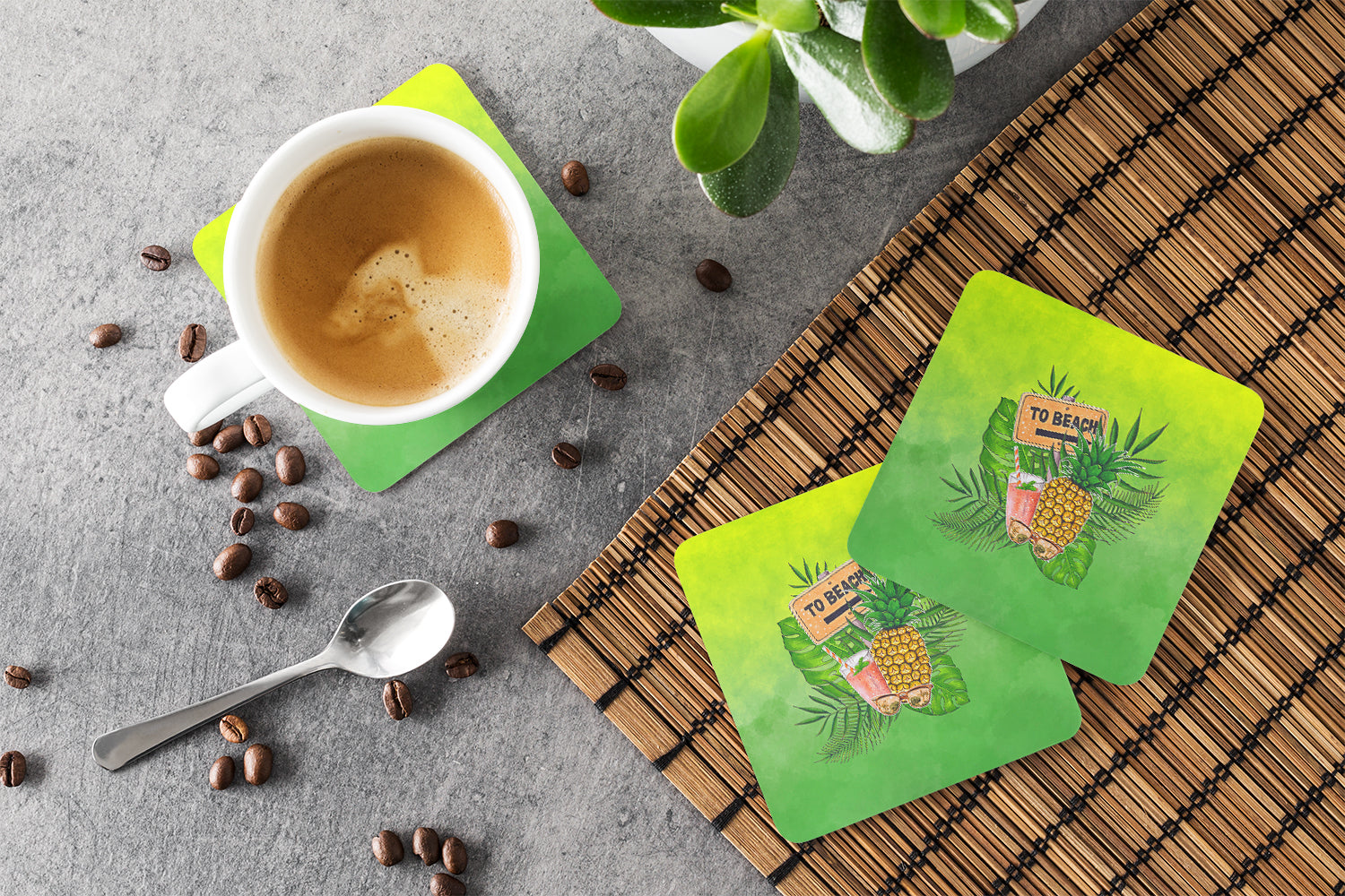 To the Beach Summer Foam Coasters Set of 4 Cup Coasters for Indoor Outdoor, Tabletop Protection, Anti Slip, Mouse pad Material