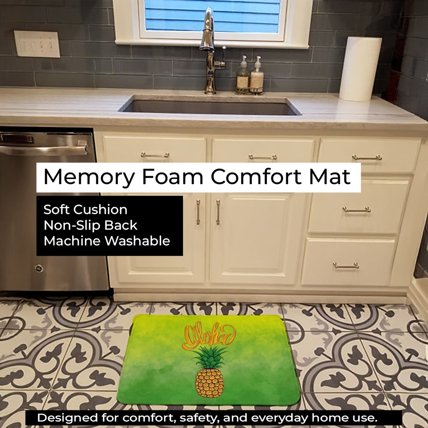 Aloha Pineapple Welcome Memory Foam Kitchen Mat Machine Washable Anti-Fatigue Cushion Comfort Bath or Kitchen Rug
