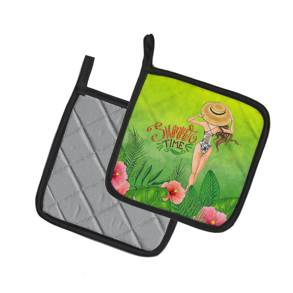 Summer Time Lady in Swimsuit Pot Holder Set of 2 Heat Resistant Quilted Hot Pads 7.5 x 7.5 Inch, Insulated Kitchen Trivets for Cooking & Baking