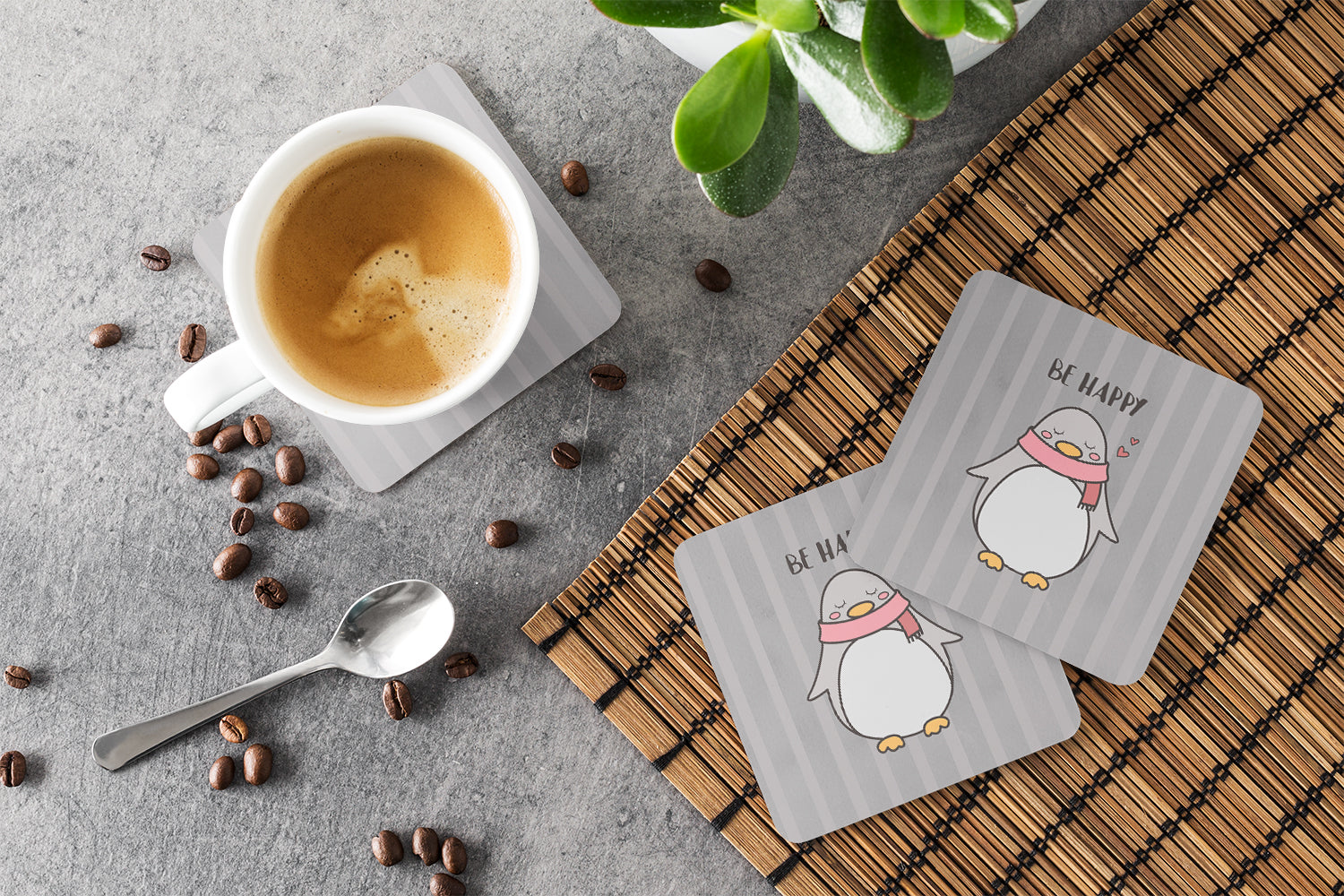 Nursery Be Happy Penquin Foam Coasters Set of 4 Cup Coasters for Indoor Outdoor, Tabletop Protection, Anti Slip, Mouse pad Material