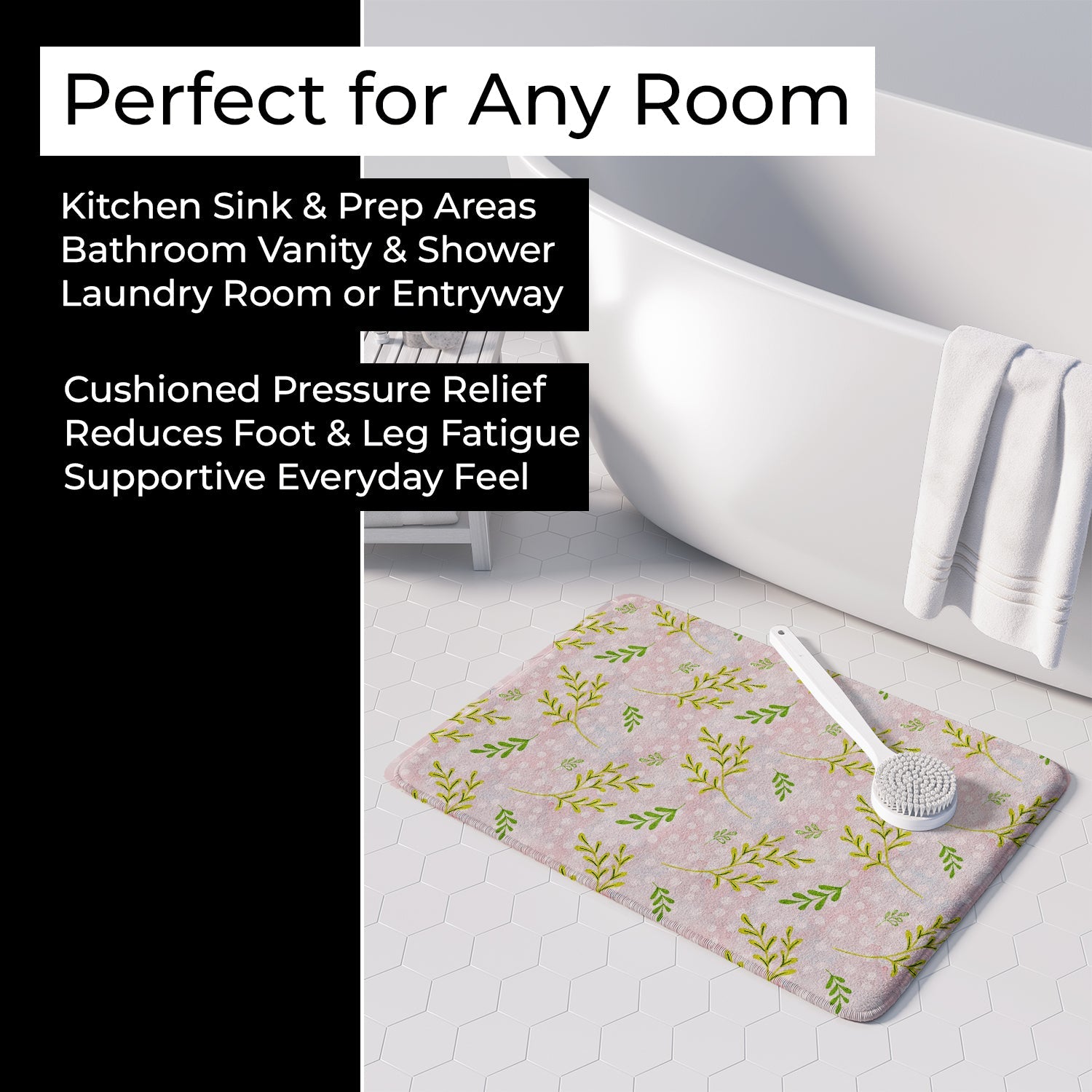 Watercolor Leaves Pink Memory Foam Kitchen Mat Machine Washable Anti-Fatigue Cushion Comfort Bath or Kitchen Rug