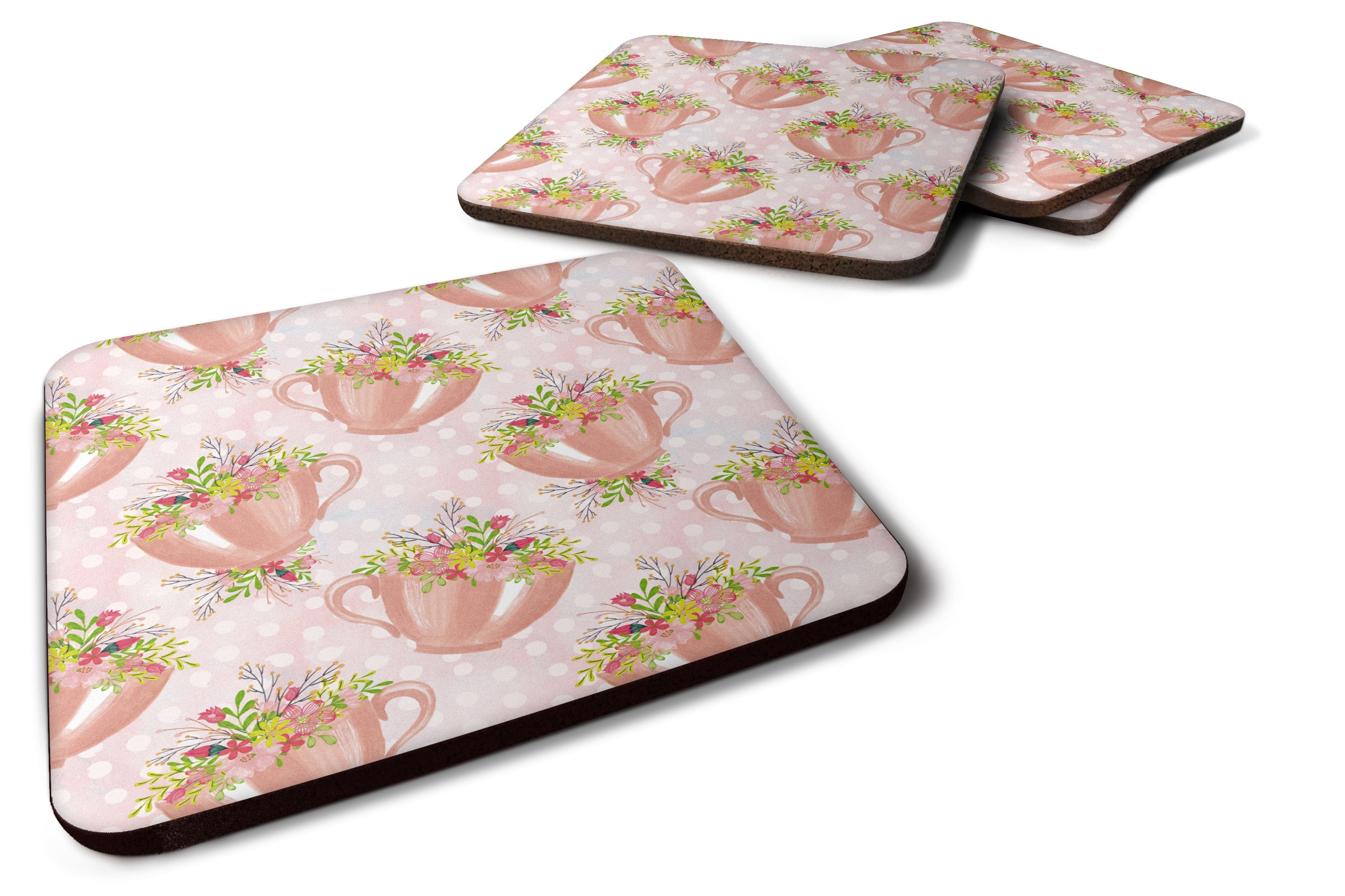 Tea Cup and Flowers Pink Foam Coasters Set of 4 Cup Coasters for Indoor Outdoor, Tabletop Protection, Anti Slip, Mouse pad Material