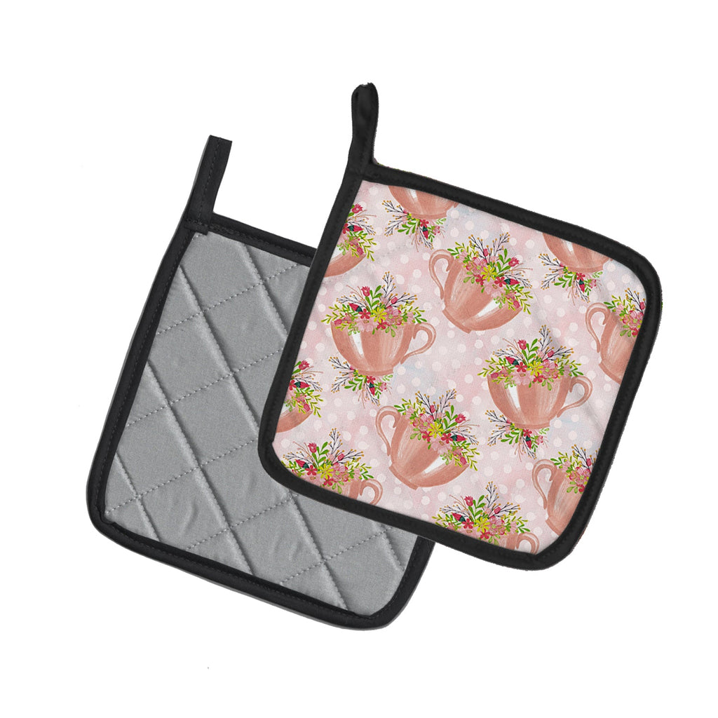Tea Cup and Flowers Pink Pot Holder Set of 2 Heat Resistant Quilted Hot Pads 7.5 x 7.5 Inch, Insulated Kitchen Trivets for Cooking & Baking