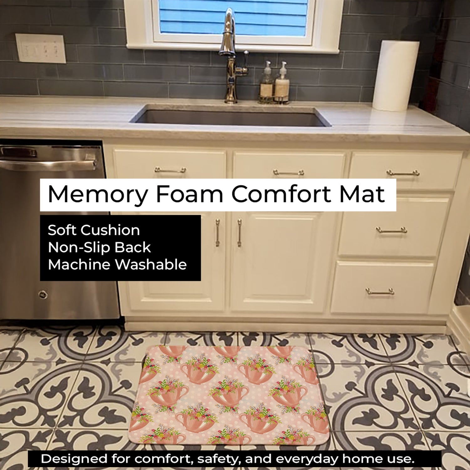 Tea Cup and Flowers Pink Memory Foam Kitchen Mat Machine Washable Anti-Fatigue Cushion Comfort Bath or Kitchen Rug