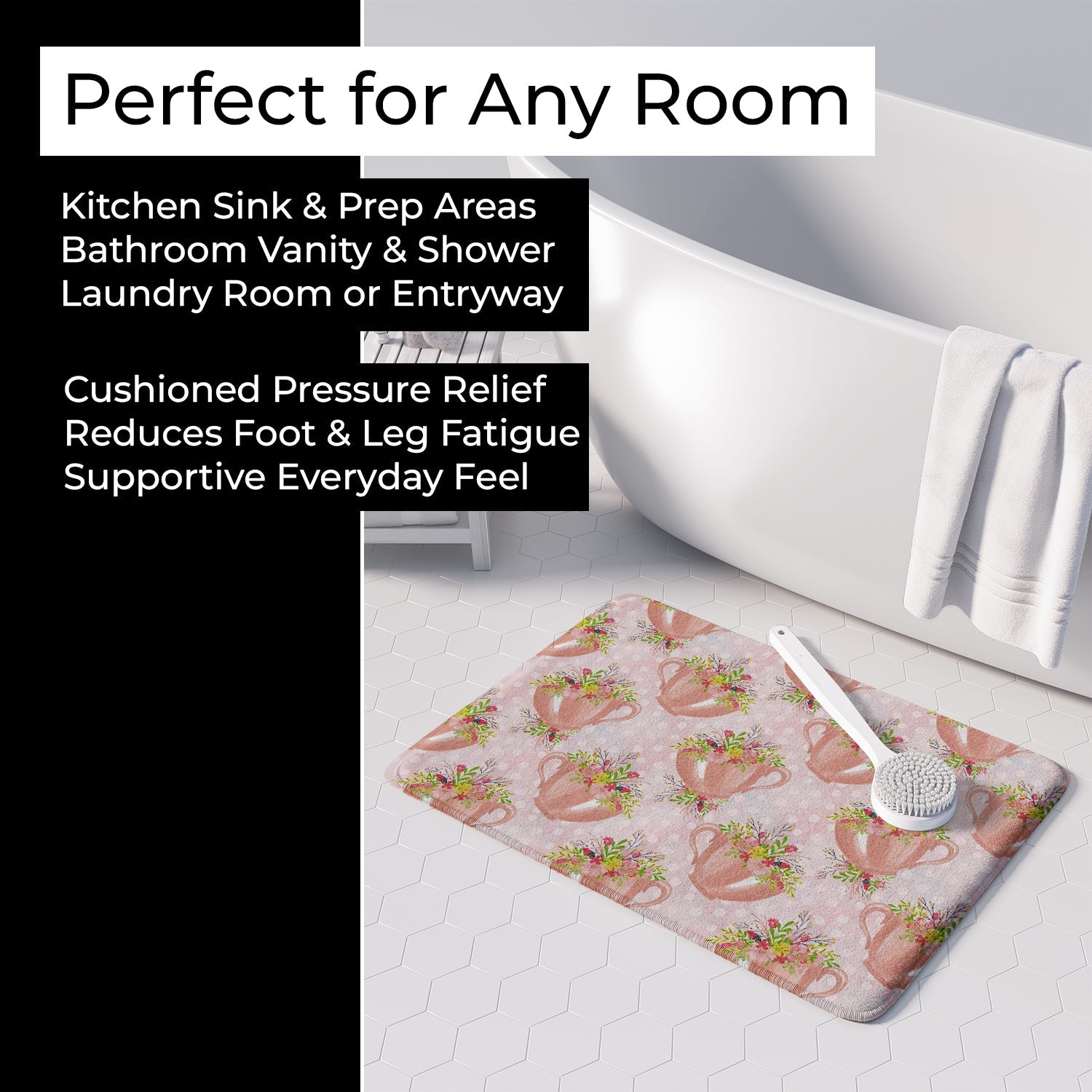 Tea Cup and Flowers Pink Memory Foam Kitchen Mat Machine Washable Anti-Fatigue Cushion Comfort Bath or Kitchen Rug