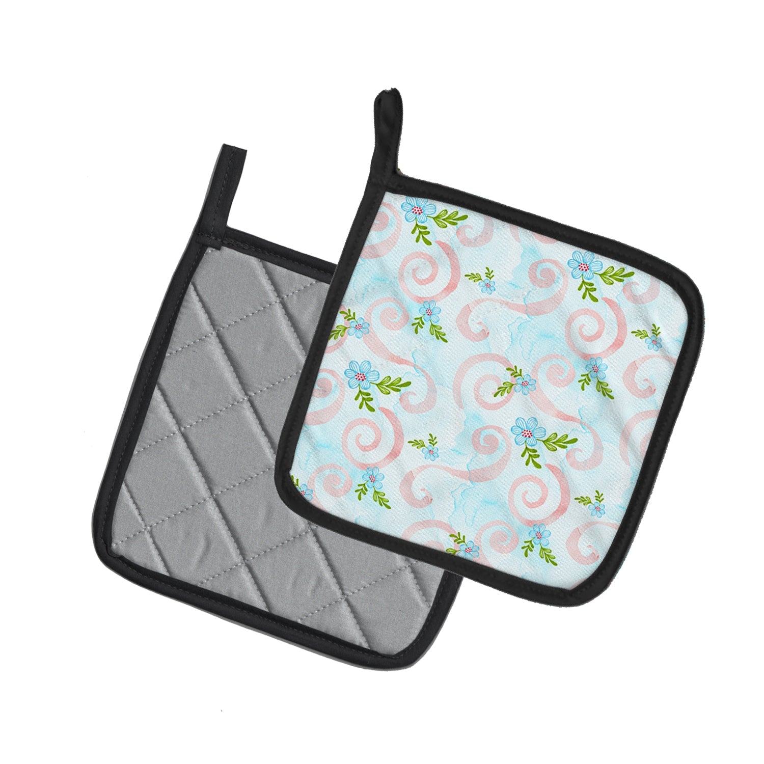 Watercolor Blue Flowers and Swirls Pot Holder Set of 2 Heat Resistant Quilted Hot Pads 7.5 x 7.5 Inch, Insulated Kitchen Trivets for Cooking & Baking
