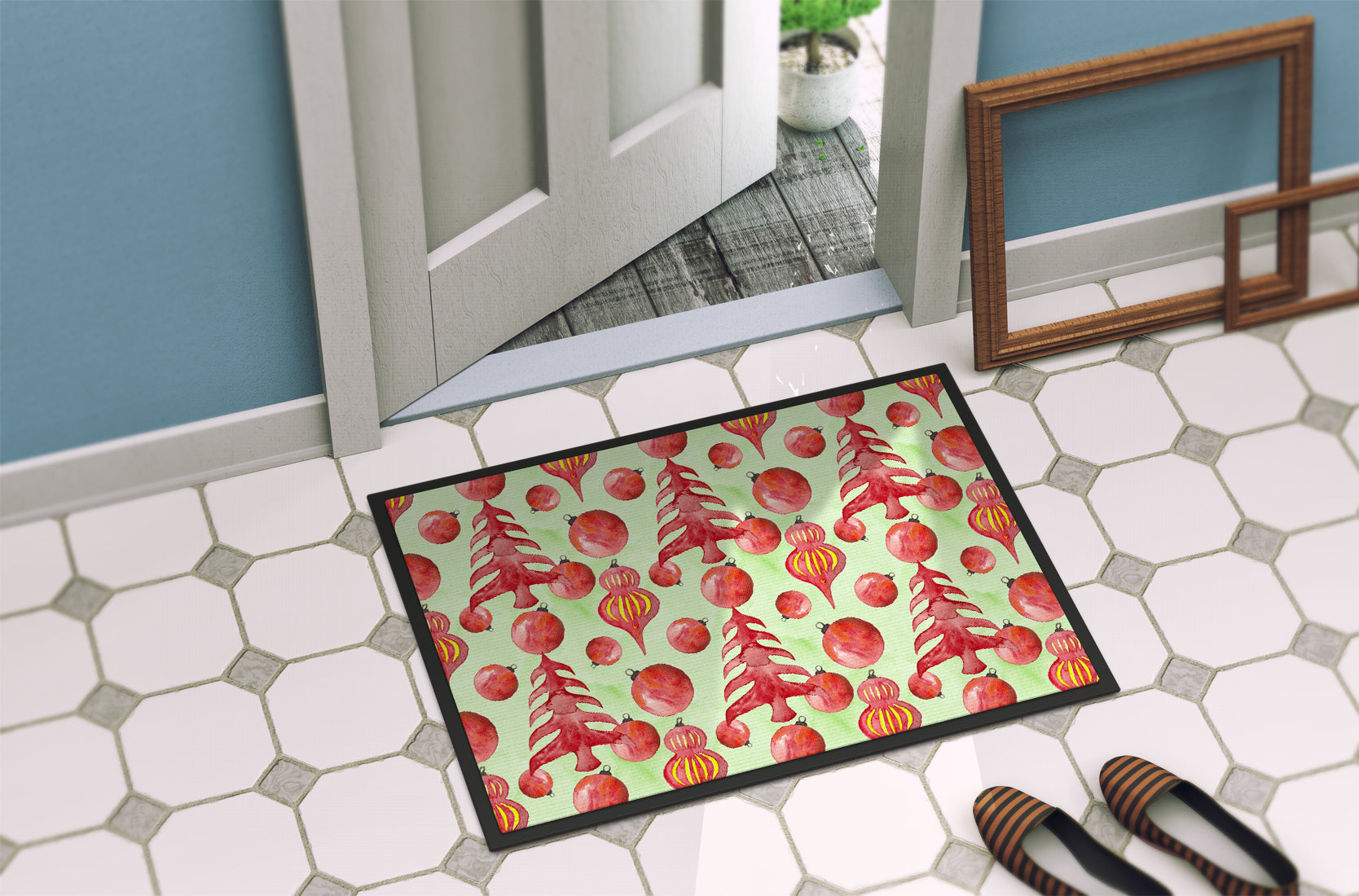 Red Christmas Tree and Ornaments Doormat Indoor Outdoor 18H X 27W Front Door Mat Rugs for Entryway, Non Slip Washable