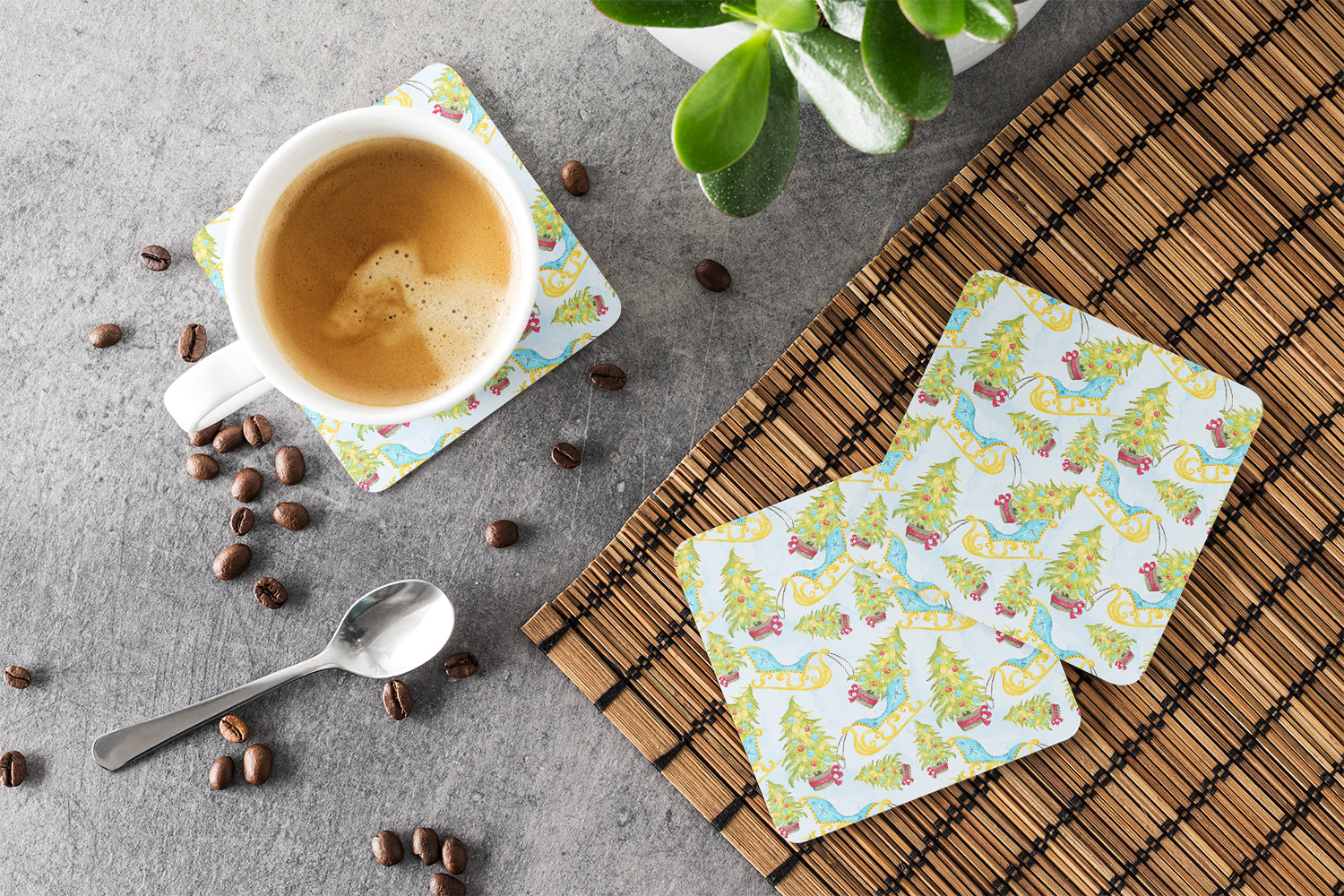 Christmas Tree and Sleigh Foam Coasters Set of 4 Cup Coasters for Indoor Outdoor, Tabletop Protection, Anti Slip, Mouse pad Material